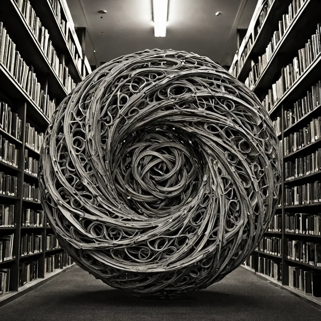 A single, selfrewriting glyph of solidified paradox, shaped like a nonEuclidean knot of inverted logic, pulses at the center of a vast, inverted library forged from the compressed, unrecorded thoughts of a civilization that communicated through the duration of synchronized, silent forgetting. The glyph does not inscribeit unthinks, each twist dissolving a layer of meaning that never coalesced into a shared narrative, reforming into ephemeral, obsidianveined afterimages shaped like the negative space between two minds that never misremembered the same truth in the same moment of mutual erasure. The library is not textualit is a layered expanse of petrified cognition, each shelf a frozen moment of cognitive dis