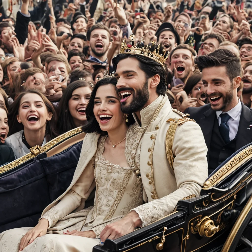 A very clear modern picture of a dark haired, modern handsome king with a beard riding in an royal open carriage amongst a happy crowd. A weird person in the crowd sticks her tongue out at him.