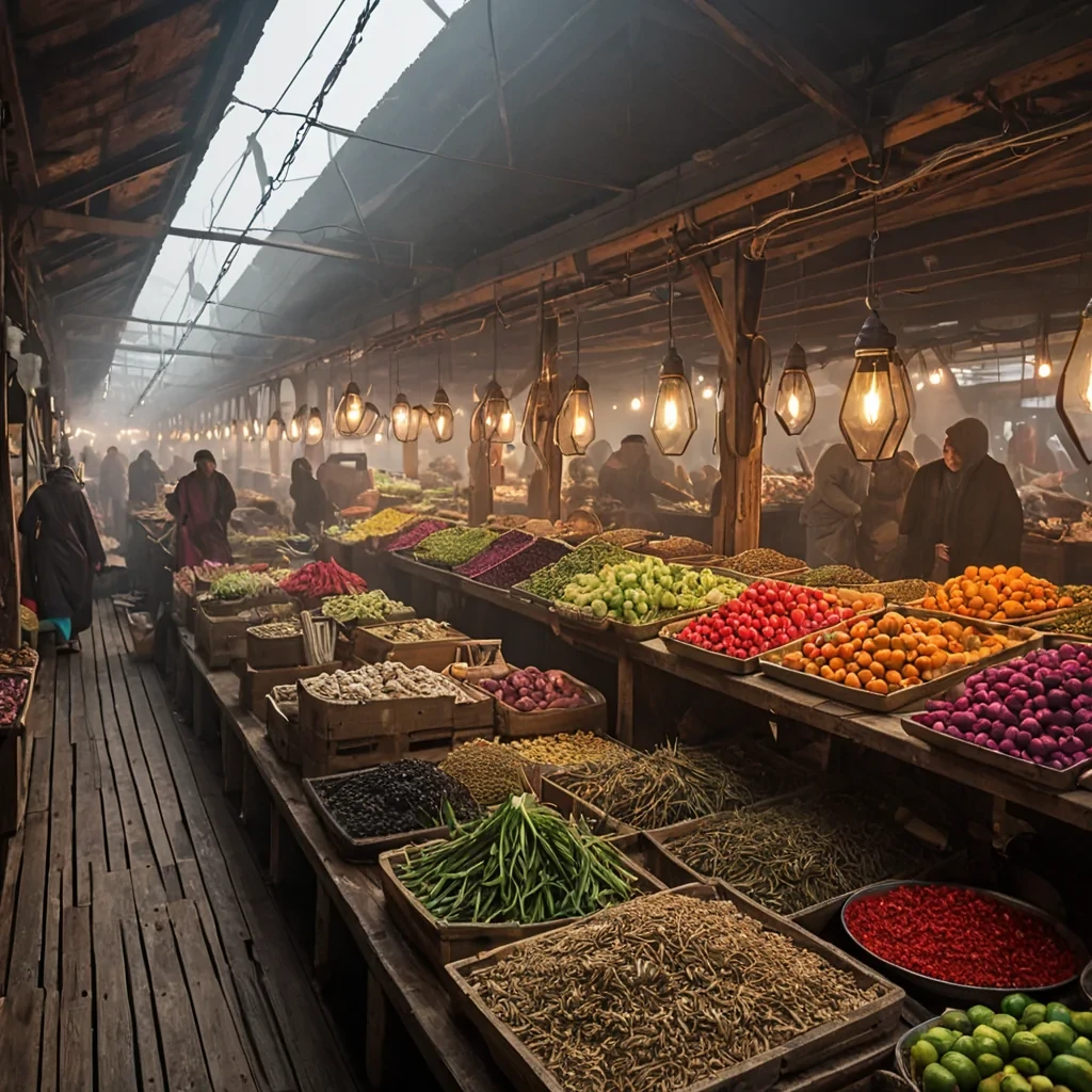 A photorealistic, eyelevel wide shot of a bustling, openair market built upon the deck of a colossal, floating barge crafted from aged, weathered teak and brass, drifting across a sea of thick, lowhanging mist that obscures the horizon. The market stalls are not tables but suspended, hexagonal pods made of clear, heatresistant glass, each containing a different, vibrant exotic fruit or vegetable in vivid hues of magenta, electric blue, and lime green, illuminated from within by warm, tungsten filament bulbs. Shoppers wear loose, flowing garments in muted earth tones of clay, slate, and olive, moving slowly through narrow aisles defined by hanging bundles of dried herbs and spices that sway gently in a light