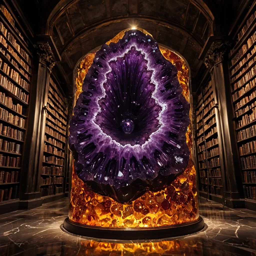 A photorealistic, lowangle closeup shot of a solitary, ancient library archive located inside a colossal, hollowedout geode of deep purple amethyst, where the walls are lined with thousands of vertical slots holding cylindrical tubes made of translucent amber glass. Each tube contains a swirling, viscous fluid in shades of molten gold and crimson red, suspended with tiny, intricate clockwork mechanisms that float within the liquid, their gears turning slowly as if powered by the ambient hum of the stone. The floor is composed of smooth, polished obsidian that reflects the warm, glowing light emanating from the amber tubes, creating a kaleidoscope of fractured colors. In the immediate foreground, a pair of hands wearing delicate, filigree silver ga