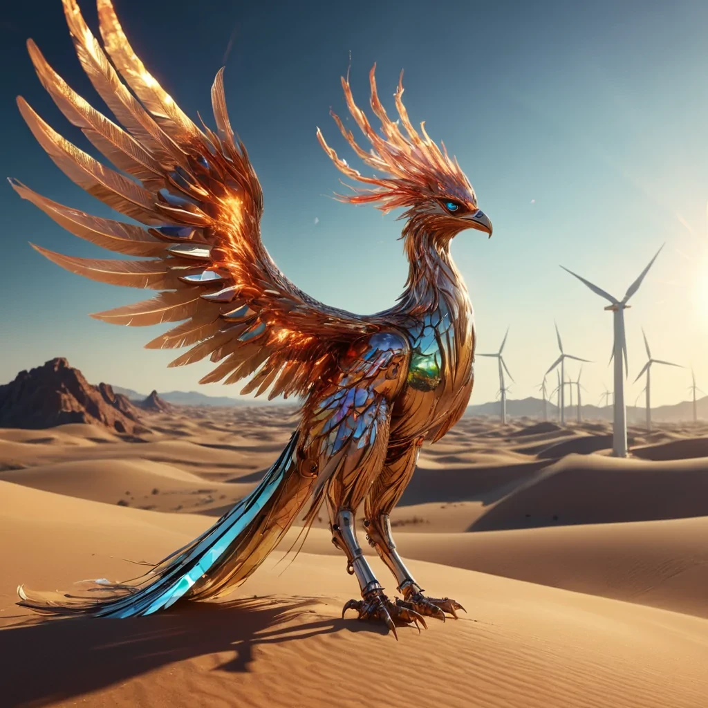 A hyperrealistic, 4K, ultra HD portrait of a cybernetic phoenix, its iridescent feathers shimmering with holographic fire. The phoenixs eyes, molten gold, glow with an inner intensity, and its talons, a fusion of metallic and organic components, grasp a glowing crystal orb. The background is a vast, futuristic desert landscape, with towering sand dunes and holographic wind turbines casting long, shimmering shadows. Cinematic lighting from a distant, pulsating sun accentuates the phoenixs otherworldly features, while a soft focus blurs the hightech desert surroundings, creating an ethereal atmosphere.