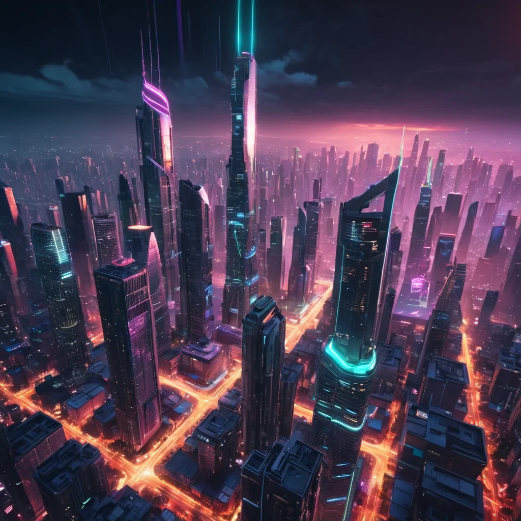 A sprawling, neonlit metropolis where skyscrapers morph into colossal, organic structures, hyperrealistic, 4K, cinematic lighting, volumetric lighting, atmospheric effects, dynamic lighting, lens flare, vibrant colors, detailed textures.