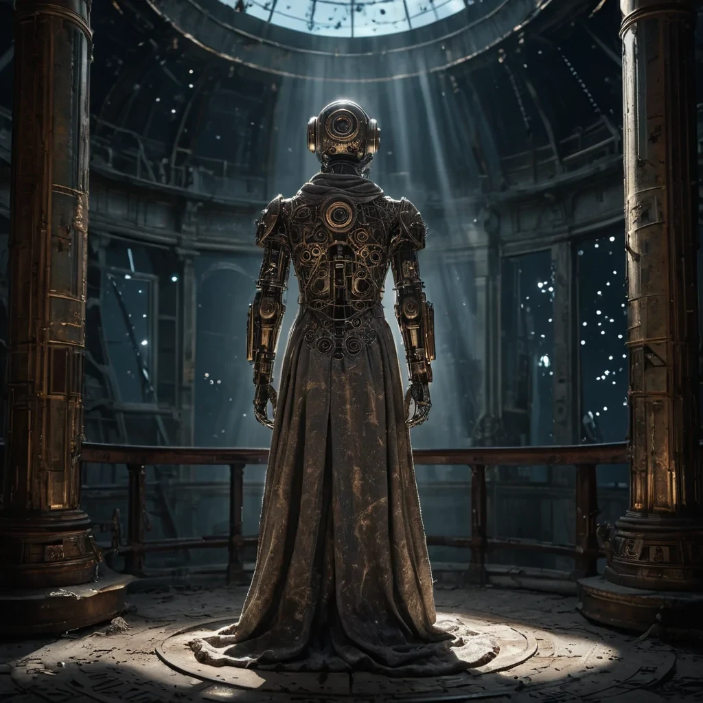 Photorealistic, Ultra HD portrait of a melancholic, sentient automaton, its metallic body adorned with intricate, tarnished filigree, standing alone in a vast, abandoned observatory, surrounded by towering, ancient telescopes and faded, celestial charts, with cinematic lighting casting dramatic shadows and emphasizing the intricate, steampunkinspired design, and a subtle, cool bokeh effect creating a sense of isolation and longing, as a lone, spectral comet streaks across the night sky, its glowing tail leaving a trail of stardust in its wake, while a spectral, ethereal figure, cloaked in a tattered, hooded robe, stands silently at the edge of the