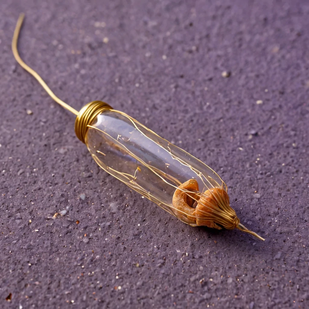 A highresolution, shallow depthoffield photograph of a single, elongated, translucent amber seed pod resting on a bed of soft, powdery, pale lavender clay. The pod is cracked open lengthwise, revealing not seeds, but a dense, tightly wound coil of fine, silvergold wire, each loop precisely calibrated to catch the light. Inside the wire coil, suspended in a clear, viscous gel, are dozens of tiny, faceted, diamondlike shards that refract a spectrum of warm, honeycolored light into the surrounding clay. The background is a blurred, outoffocus expanse of similar lavender clay, creating a seamless, monochromatic backdrop that enhances the sharp, metallic gleam of the wire and the pr