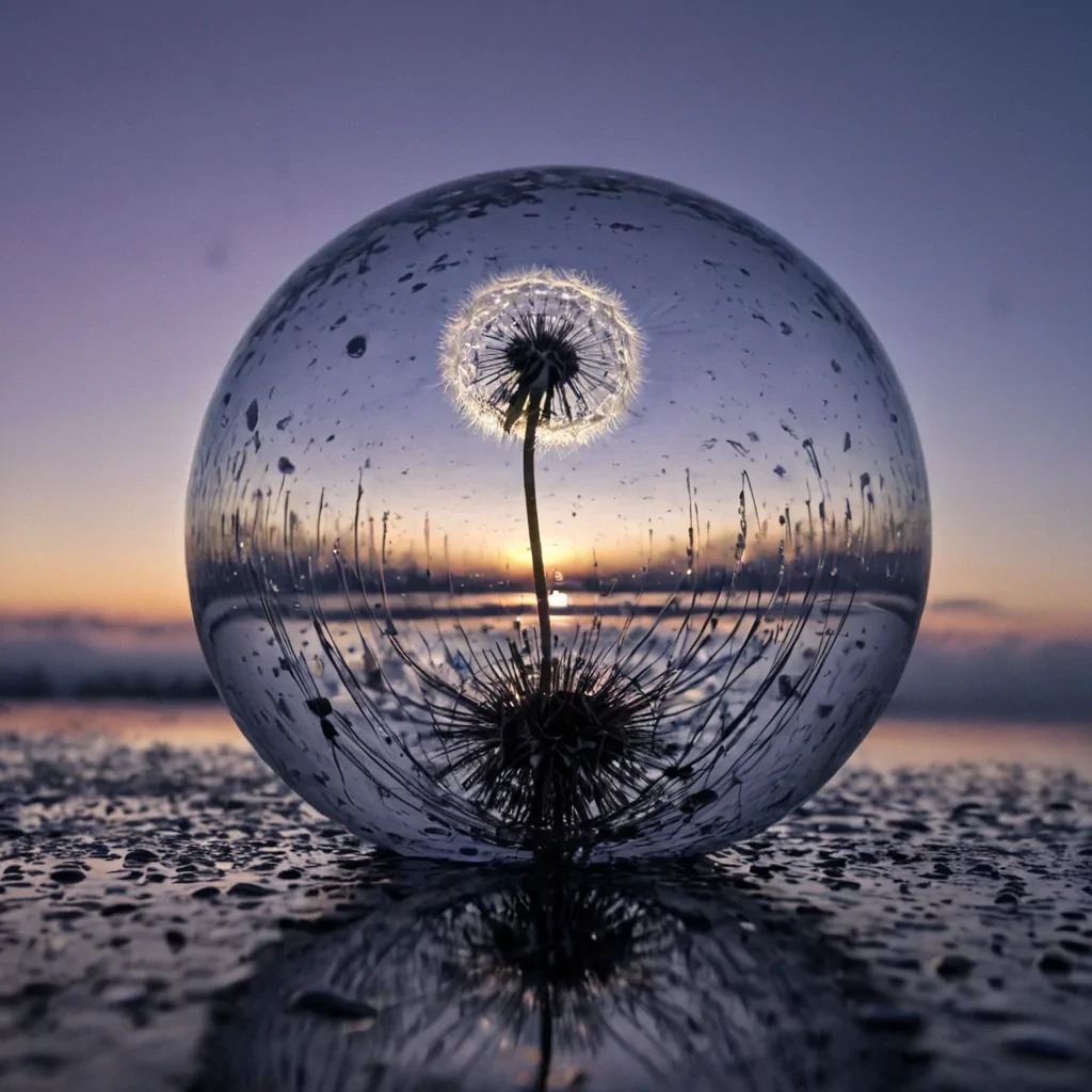 A single, suspended dandelion made of solidified static and woven moonlight floats in the center of a vast, inverted sky of liquid glass, its seeds not airborne but anchored in place by threads of reversed gravity, each seed a tiny, pulsating sphere of compressed silence that emits a faint, harmonic hum when touched by a breath from the future. The sky is not blueit is a deep, iridescent violet, rippling with the afterimage of a sunrise that never happened, its surface cracked in geometric patterns that reflect not the ground, but the shape of a smile held too long. Below, the ground is not earthit is a mirror of infinite depth, reflecting not the sky, but the exact moment a child laughed at a