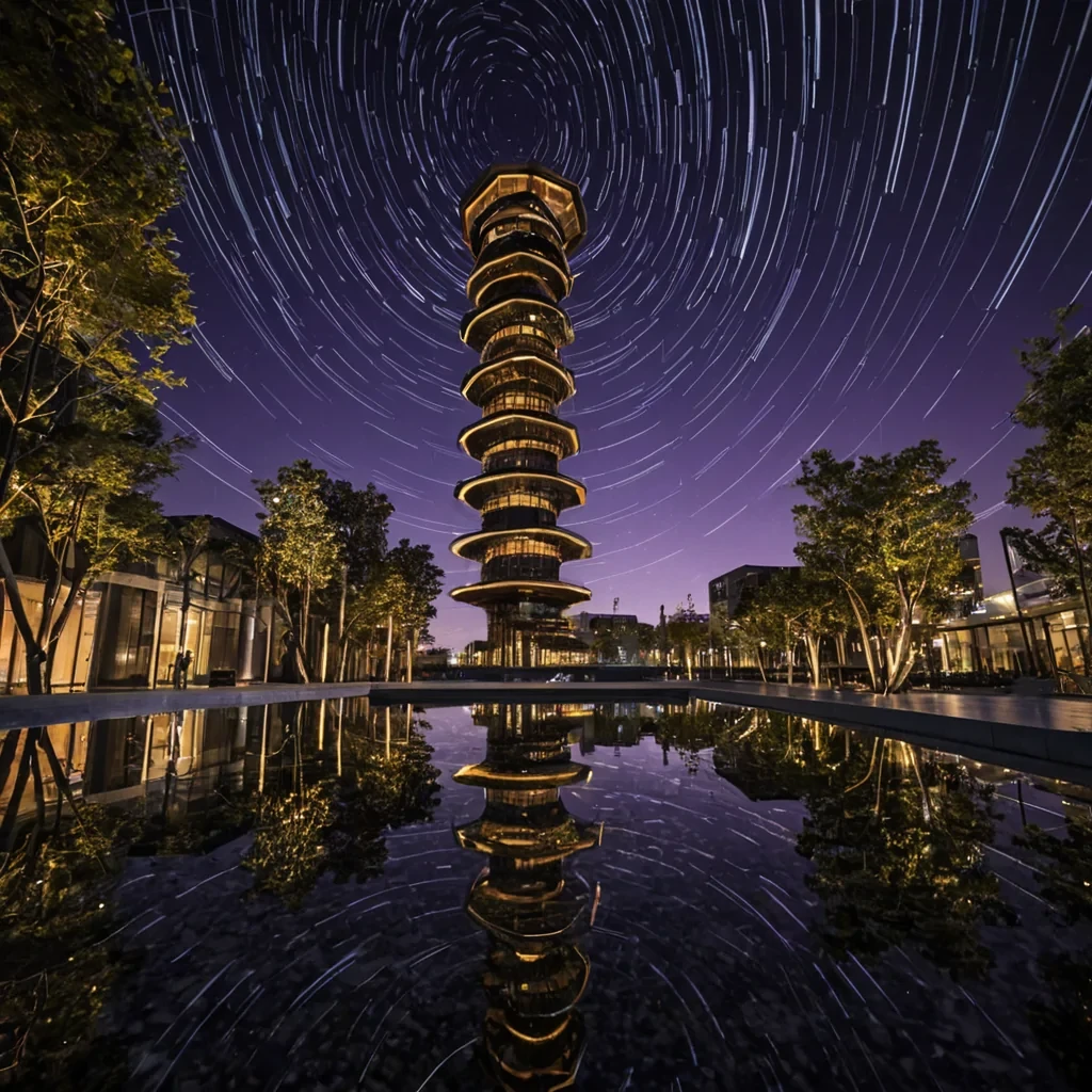 A photorealistic, lowangle wide shot of a futuristic urban plaza where the ground is composed of millions of individual, hexagonal tiles made of polished, translucent quartz that pulse with a soft, rhythmic amber light. Rising from the center is a massive, spiraling tower constructed from stacked, interlocking rings of raw, unpolished granite and sleek, black steel, with vertical gardens of hanging air plants and moss cascading down its sides. The sky above is a deep, twilight purple filled with streaks of longexposure star trails, while the foreground features a shallow, still pond of dark, reflective water that mirrors the tower and the glowing tiles. A few slender, bioluminescent koi fish swim beneath the surface, their