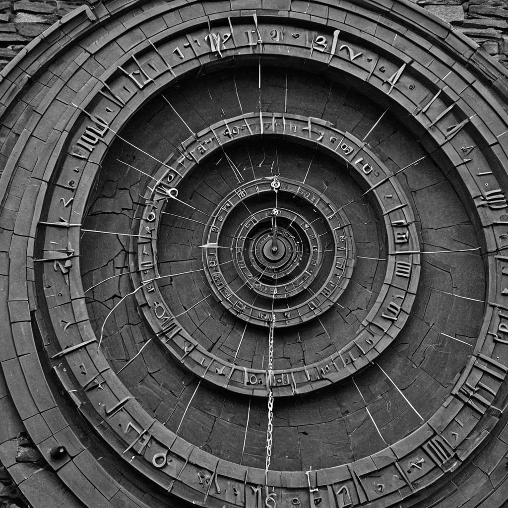 A single, selfresonating shard of reversed time, shaped like a 1027dimensional spiral of unformed chronology and inverted causality, fractures at the center of a vast, inverted clocktower of solidified stillnesseach gear carved from the exact moment between a second ticking and its refusal to pass, a pendulum swinging and dissolving into nonmomentum air, a hand turning and collapsing into pure, unmeasured silence. The shard does not measureit unmeasures, each trembling fissure shedding a layer of temporal potential that never coalesced into a shared sequence, reforming into ephemeral, moonstonethreaded afterimages shaped like the negative space between two wrists that never held the same hour. The