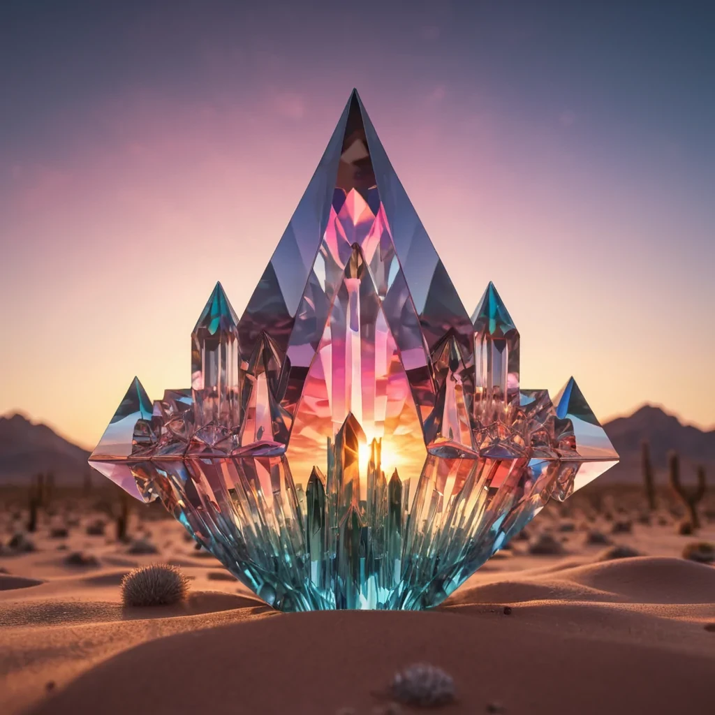 A crystalline desert under a twin sunset, where towering, faceted spires of glass reflect a kaleidoscope of colors, hyperrealistic, 8K, cinematic lighting, volumetric lighting, atmospheric effects, dynamic lighting, bokeh effect, soft focus, lens flare, vibrant colors, detailed textures.
