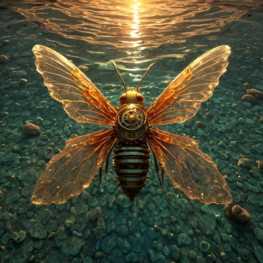 A single, hummingbirdsized clockwork bee made of woven, selfrepairing coral and solidified sunlight hovers in the center of a vast, still lagoon of liquid memory, its wings not translucent but composed of shimmering, iridescent fragments of forgotten melodies. The bee does not flyit pulses, its body resonating with a low, harmonic vibration that emits faint, visible ripples in the air, each one forming the shape of a word that was never spoken but was felt in the silence between heartbeats. Its abdomen glows with a soft, pulsing amber light, revealing a miniature, rotating planetoid insidea world made entirely of solidified dreams, where rivers flow with condensed laughter and mountains rise from the weight