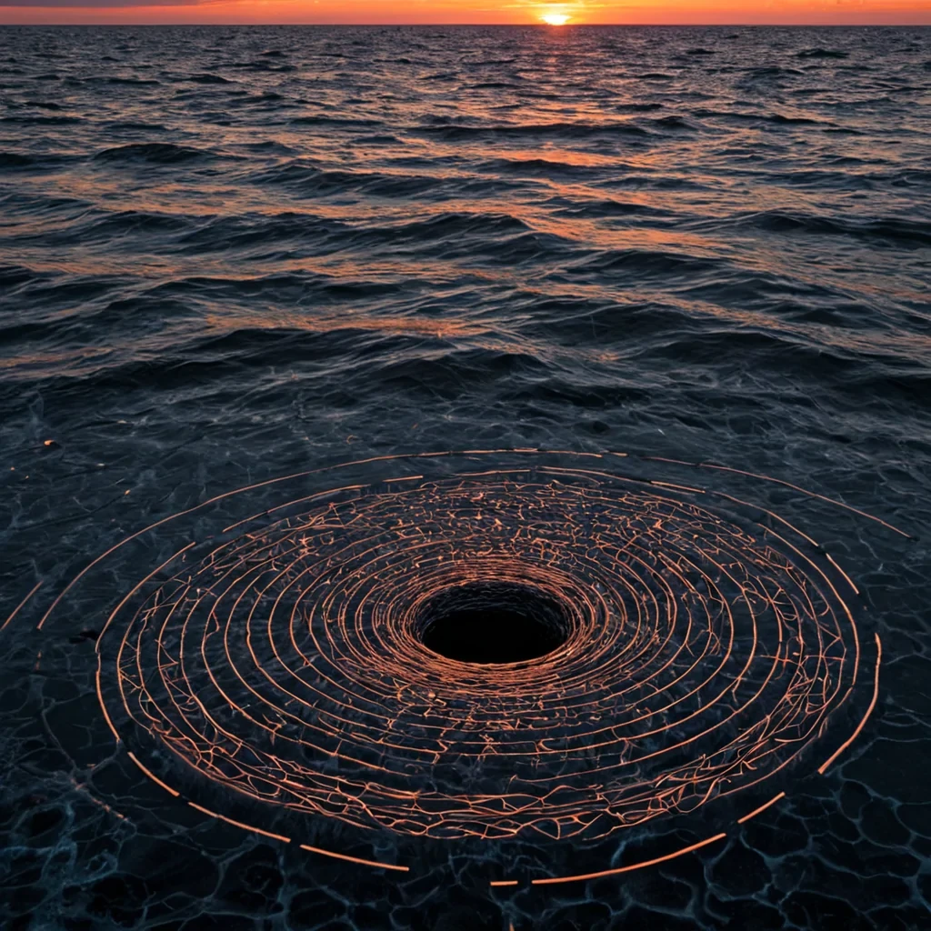 A single, humming lattice of woven twilight stretches across the surface of a dormant, crystalline ocean on a planet that orbits a black hole in reverse, its waves not moving forward but receding into the past with each crest. The lattice does not conduct electricityit conducts forgotten time, each strand pulsing with the faint, chromatic afterimage of a sunrise that never occurred on any known world. The ocean beneath is not liquidit is a frozen expanse of solidified gravity, its surface etched with the geometric patterns of a language written in the silence between stellar collapses, each ripple forming the outline of a door that leads to a room that has never been built. Above, the sky is not skyit is a slowmotion aurora composed of