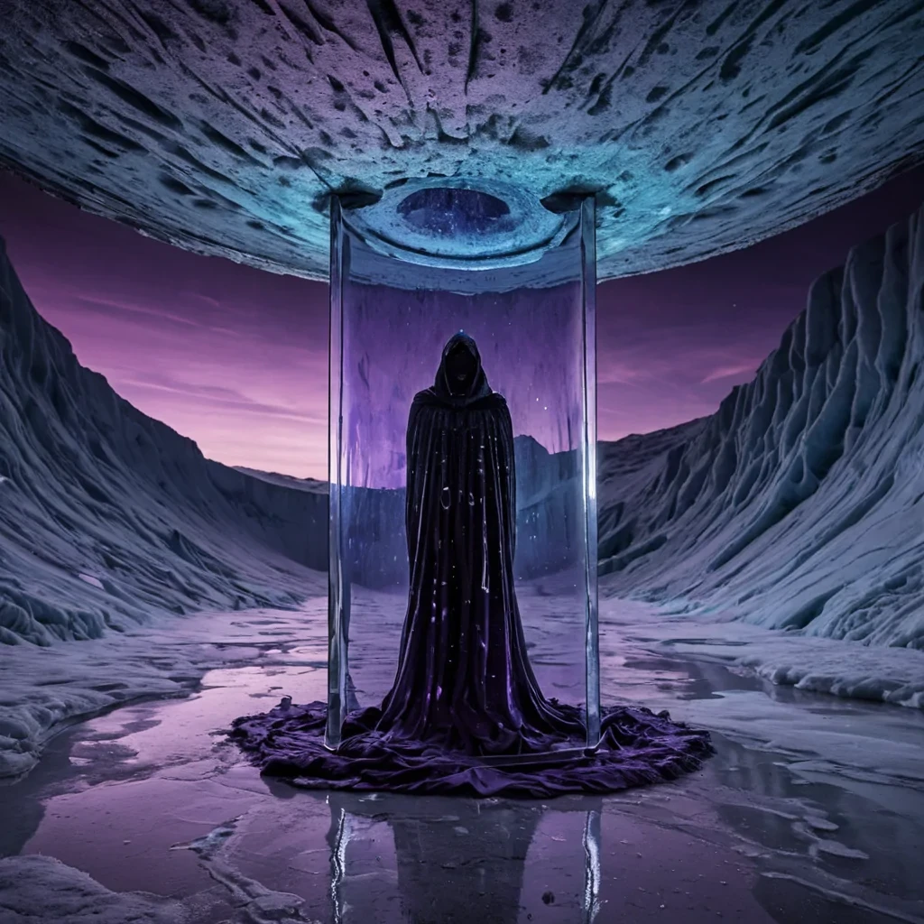 A vast, inverted amphitheater carved into the underside of a floating glacier, suspended in a twilight sky painted in gradients of deep cobalt and bruised lavender. The ice walls are etched with ancient, flowing runes that pulse with an inner luminescence, casting ripplelike light patterns across the arena floor. At the center, a colossal hourglass made of solidified stardust rotates slowly, its sands composed of shimmering silver and violet motes that drift upward into the void, defying gravity. On the polished obsidian stage, a silhouette of a masked figure in a tattered, iridescent cloak stands motionless, flanked by seven floating mirrors that reflect different eras of timeeach reflection slightly blurred, as if