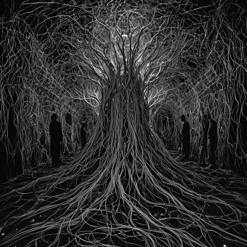 A single, selfilluminating tangle of bioluminescent root systems emerges from the center of a vast, still archive composed entirely of solidified, unrecorded dreams from a civilization that communicated through the texture of unshared silence. The roots do not growthey undream, each filament unraveling into a slow, reverse cascade of neural resonance, reforming into ephemeral constellations shaped like the negative space between two minds that never synchronized in the same sleep cycle. The archive is not paperit is a layered expanse of petrified REM waves, each shelf etched with the emotional residue of a thought that was almost formed in the dark, its edges vibrating with the faint, thermodynamic afterimage of a memory