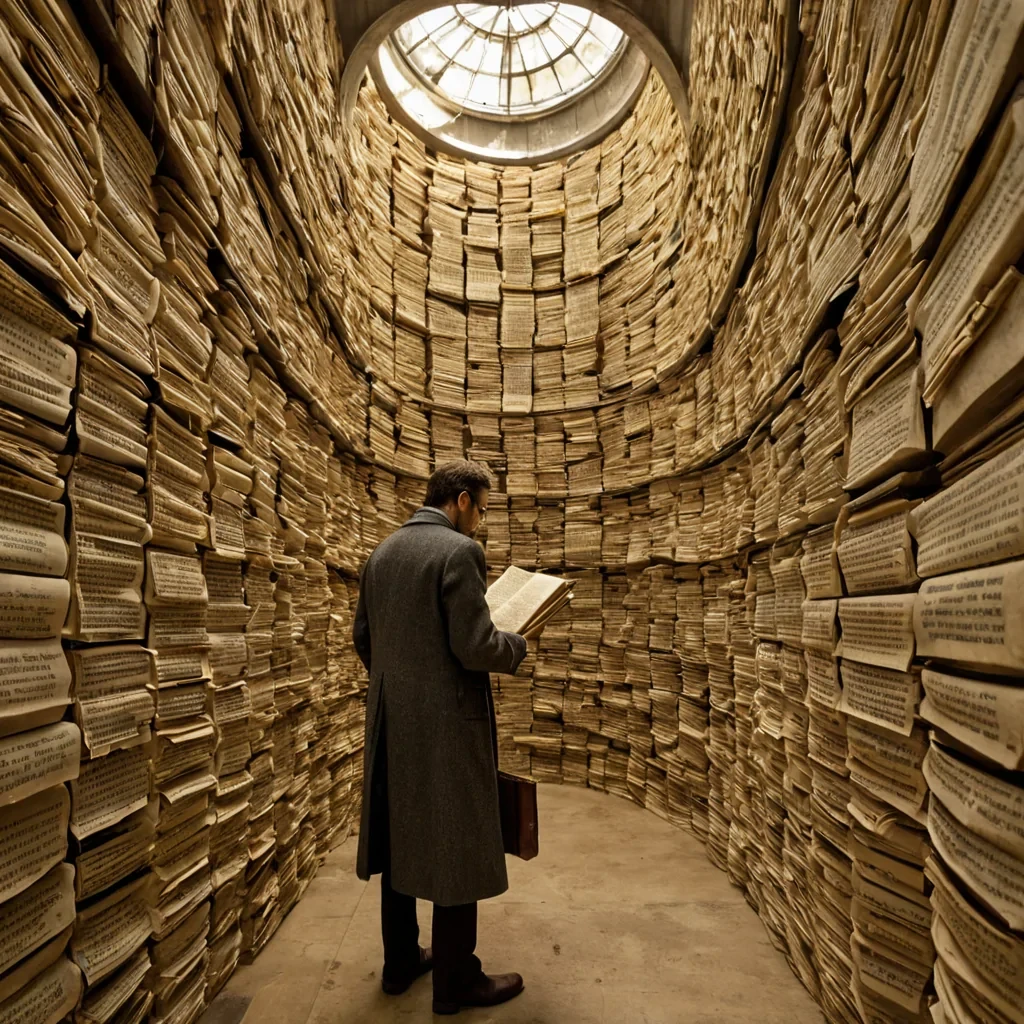 A horizontal, eyelevel medium shot of a solitary archivist navigating the narrow, vertical corridors of a colossal, spiraling tower constructed entirely from stacked, translucent layers of compressed ancient newspaper and yellowed parchment. The interior walls glow with a soft, sepiatoned luminescence emanating from millions of embedded text fragments, creating a textured, paperfibrous atmosphere that filters the ambient light into a warm, dusty haze. In the center, a figure wearing a tailored, charcoalgrey wool coat with brass buttoned cuffs and round, wirerimmed spectacles carefully extracts a single, floating page that unfolds into a threedimensional, rotating hologram of a bustling 19thcentury train station, complete with miniature steam locomotives and cob