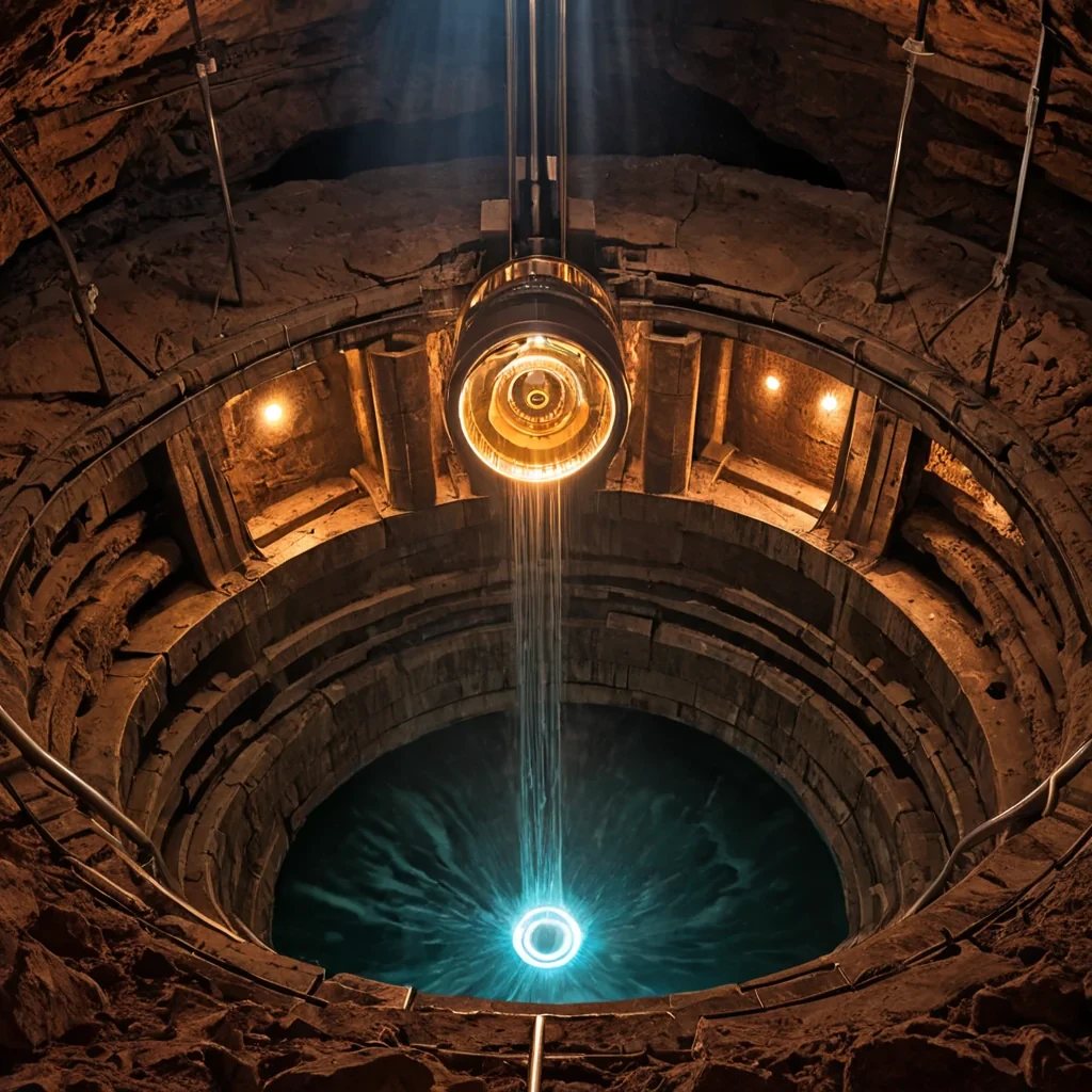 A highangle, wide shot of a colossal, subterranean aqueduct system carved into the bedrock of a deep canyon, where the water flows upward in defying gravity, creating vertical rivers of shimmering, mercurylike liquid that spiral around the central shaft. The walls are lined with intricate, copper piping and glowing, ambercolored fiberoptic cables that pulse with rhythmic light, illuminating the wet, polished stone surfaces. In the foreground, a massive, circular valve mechanism made of brushed steel and brass dominates the lower frame, its intricate gears and leathers seals visible in extreme detail, with mist rising from the heat of the moving fluid. The lighting is dramatic and volumetric, with beams of light piercing through ventilation shafts high above