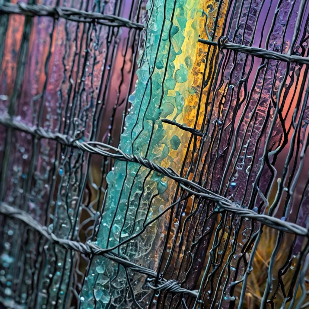 A vertical, extreme macro shot of a single, delicate, translucent membrane of frozen soap film stretched across a rusted, antique wire fence, suspended in a humid, twilight atmosphere. Inside the thin, iridescent layers of the soap, a microscopic, intricate ecosystem is preserved tiny, crystalline structures resembling coral reefs made of fractured quartz and powdered pearl, interwoven with delicate, glowing filaments of bioluminescent moss in shades of mint green and soft lavender. The surface of the soap film exhibits complex, oilslick rainbow refractions that shift from deep violet to bright yellow, creating a shimmering, fluid texture that contrasts with the rigid, oxidized metal of the fence. In the background, out of focus,
