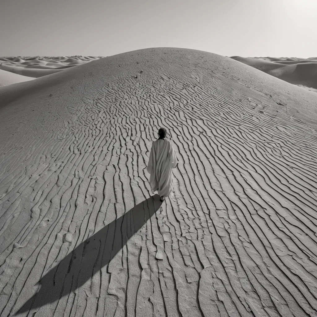 A wideangle, cinematic shot of a vast, sundrenched desert landscape where the sand has been sculpted into massive, undulating waves of pure, white ceramic that crackle with fine, golden kintsugi lines. In the center of this stark, monochromatic expanse stands a solitary, towering structure made entirely of stacked, translucent layers of compressed, dried citrus slices, glowing with intense amber and tangerine hues from an internal light source. A figure dressed in a flowing, heavy linen robe of deep indigo blue walks slowly toward the structure, their shadow stretching long and sharp across the textured ceramic dunes. The lighting is highcontrast and harsh, typical of midday sun, creating vivid interplay between the bright whites,