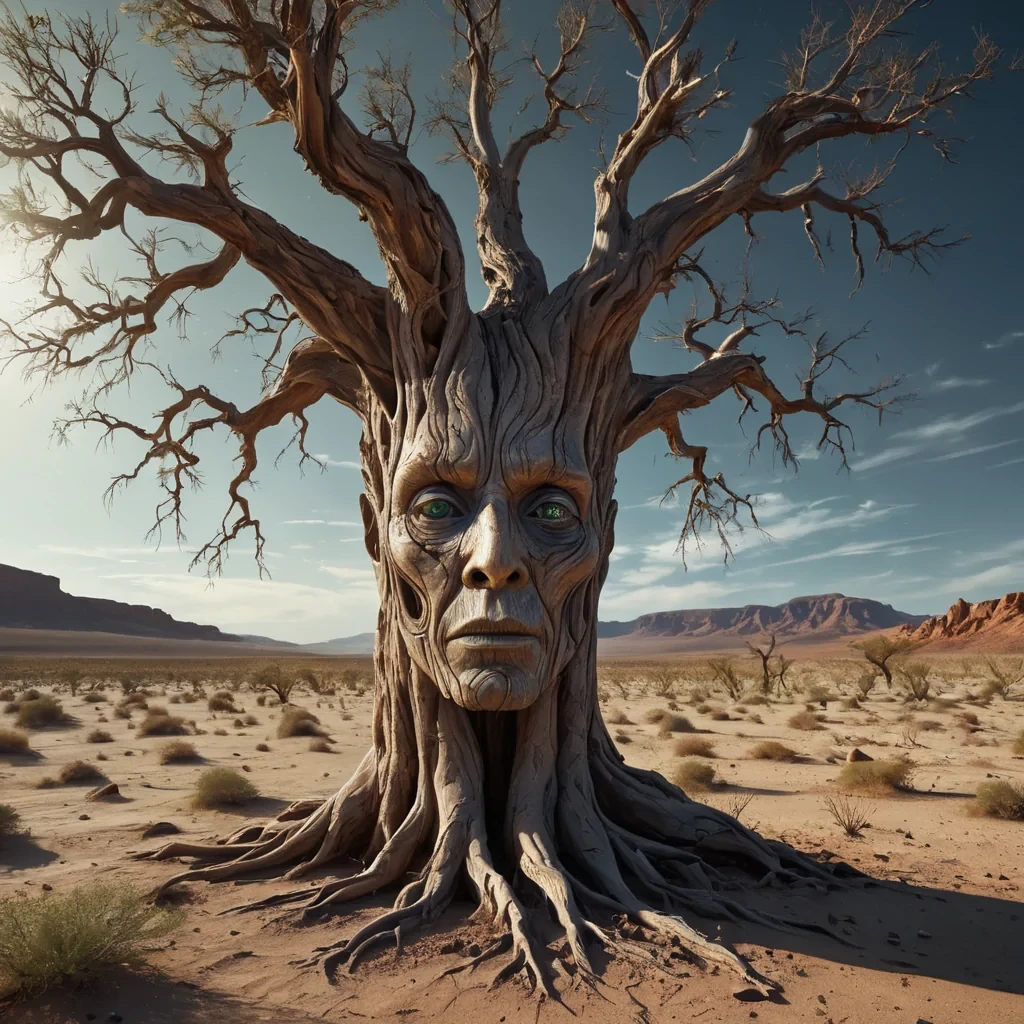 Create a hyperrealistic, ultraHD portrait of a sentient, ancient tree with a human face carved into its trunk, standing alone in a vast, barren desert of glass shards. The trees eyes are two swirling galaxies, and its branches reach out like welcoming arms, adorned with leaves of iridescent, otherworldly metal. Use cinematic lighting to cast dramatic shadows and emphasize the trees weathered features, while subtle atmospheric effects create the illusion of a distant, dying sun. Capture the trees wise, melancholic expression, evoking a profound sense of loneliness and resilience amidst the desolate, alien landscape.
