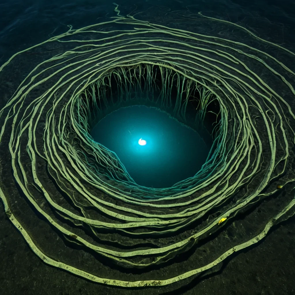 A single, selfsustaining tangle of bioluminescent kelp made of solidified radio silence and woven moonlight drifts through the center of a vast, still lagoon composed entirely of liquid time, its fronds not floating but spiraling upward like the memory of a breath held too long. The kelp does not growit resonates, emitting not light but a soft, subsonic pulse that causes the lagoon to ripple like a frozen lake of liquid memory, each ripple forming the shape of a question asked in silence. The roots are not buriedthey float, suspended in a thick, viscous layer of compressed dreams, their tips glowing faintly with the afterimage of a conversation that happened in reverse. The surface