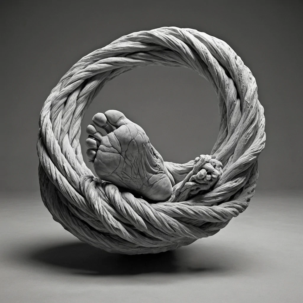 A single, selfunfolding knot of reversed potential, shaped like a 143dimensional tangle of unformed choice and inverted consequence, floats at the center of a vast, inverted theater of solidified anticipationeach seat carved from the petrified instant between a decision made and its unmaking, a step taken and its retraction, a hand raised and its silent descent. The knot does not unravelit unchooses, each twisting filament shedding a layer of agency that never coalesced into a shared path, reforming into ephemeral, moonstoneveined afterimages shaped like the negative space between two feet that never crossed the threshold, suspended in the breathless, colorless pause of a world where action was not