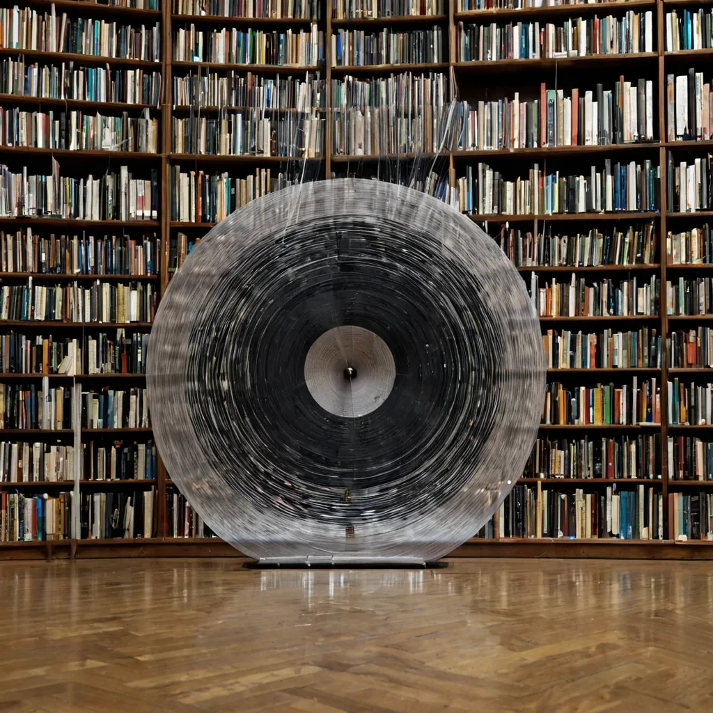 A single, selfresonating filament of liquid static pulses through the core of a floating, inverted library of unrecorded silence, its structure not wood or paper but woven from the thermal afterimage of a thousand unplayed vinyl records that never spun under the needle of a world that never danced. The filament does not vibrateit unsounds, each pulse dissolving a moment of harmonic decay into its original stillness, releasing a wave of zeroentropy quiet that fractures the fabric of rhythm into a drifting mist of obsidian, geometric grooves, each one etched with the chromatic echo of a crackle that never echoed in a room that never held a speaker. The librarys shelves are not linearthey spiral outward like the fading