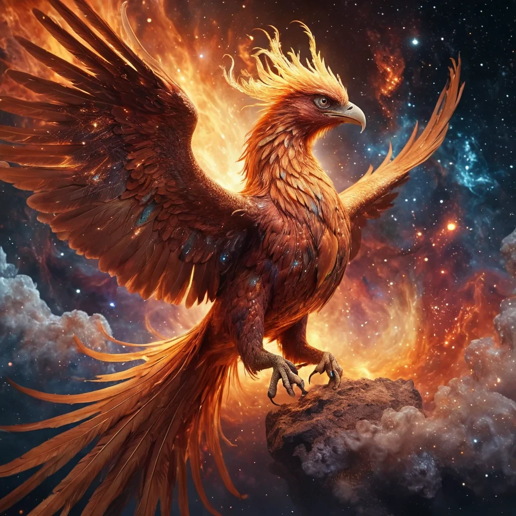 A hyperrealistic, 4K, ultra HD portrait of a celestial phoenix, its feathers shimmering with the fiery hues of a supernova. The phoenixs eyes, a molten gold, hold the essence of rebirth and renewal. Its wings, a cascade of starlight and cosmic dust, gently flutter with an otherworldly grace. The background is a surreal, nebulalike landscape of swirling, ethereal hues, with distant galaxies and cosmic phenomena casting a soft, celestial glow. Cinematic lighting accentuates the phoenixs majestic features, while a subtle bokeh effect blurs the cosmic backdrop, creating an enchanting atmosphere.