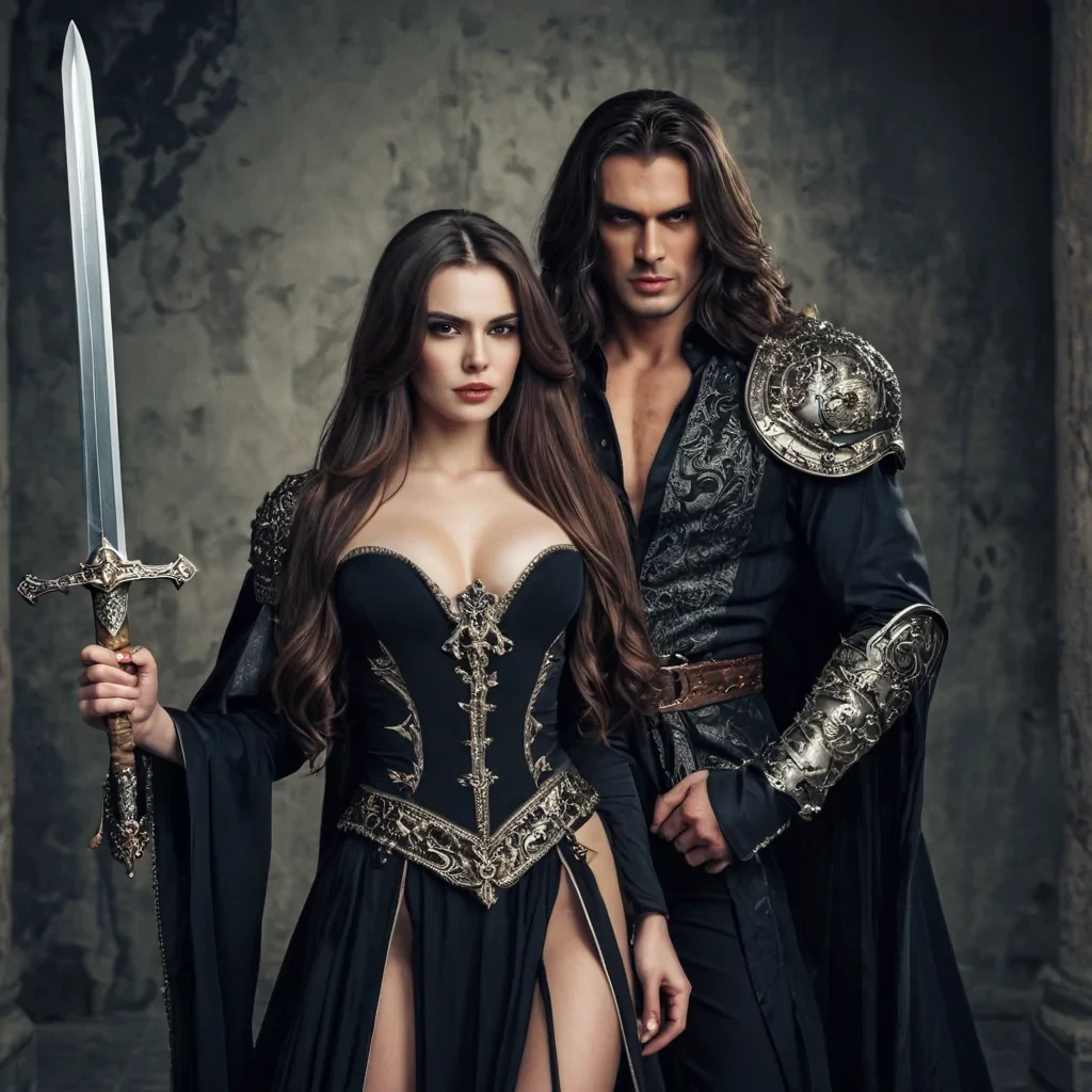 A modern handsome evil king with a sword in his hand dressed very nice with beautifully dressed beautiful brunette women with long hair