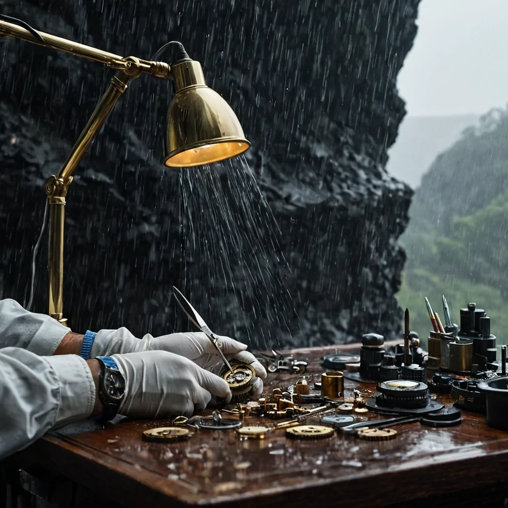 A horizontal, eyelevel medium shot of a meticulous horologists workspace carved into the side of a sheer, vertical cliff face during a heavy, luminous rainstorm. The workbench is constructed from dark, waterrepellent ebony wood, cluttered with an array of disassembled, intricate mechanical watches featuring gears made of polished brass and translucent sapphire. In the center, a pair of steady hands wearing fine, white cotton gloves uses a delicate, silver tweezer to adjust a microscopic, iridescent gear mechanism within an open watch casing. The background blurs into a soft, atmospheric mist of falling raindrops, with the cold, bluegrey light of the storm contrasting against the warm, focused beam of a brass desk lamp illuminating
