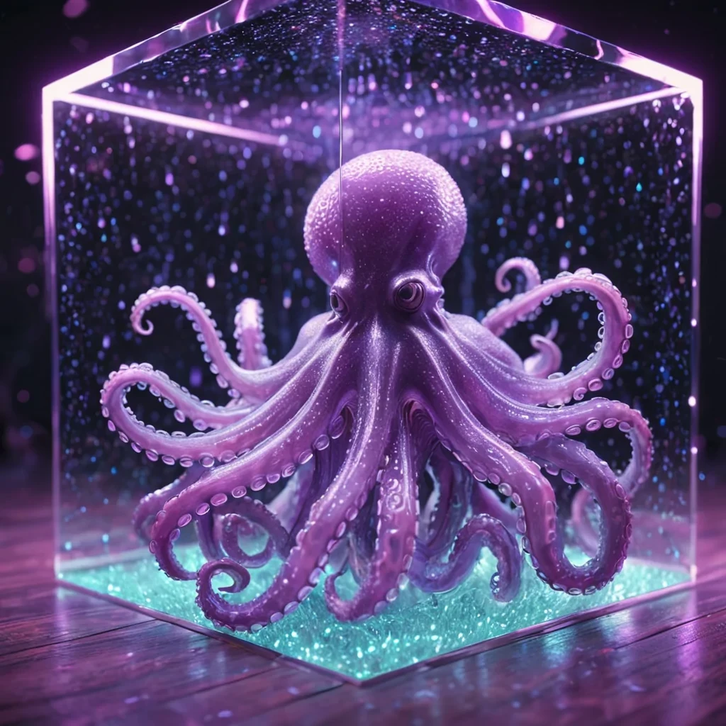 Hyperrealistic neon octopuses with reflective metallic tentacles dancing in a cubic amethyst chamber filled with shimmering quantum dew, holographic threads weaving in volumetric lighting, soft focus, pastel tones, 4K