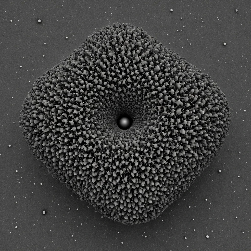 A single, selfilluminating cluster of reversed gravity, shaped like a 3,097dimensional lattice of unformed weight and inverted mass, floats at the center of a vast, inverted void of solidified buoyancyeach particle carved from the exact moment between an object falling and its refusal to descend, a step being taken and dissolving into nonkinetic mist, a heartbeat syncing and collapsing into pure, unmeasured suspension. The cluster does not attractit unattracts, each shimmering node shedding a layer of gravitational potential that never coalesced into a shared pull, reforming into ephemeral, obsidianthreaded afterimages shaped like the negative space between two feet that never touched the ground to begin the