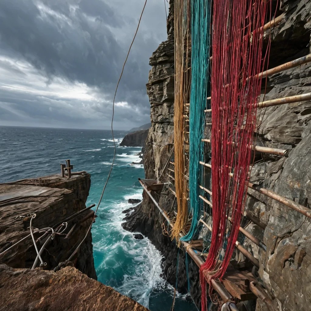 A horizontal, eyelevel medium shot of a vibrant, kinetic weaving studio situated on the narrow ledge of a sheer, vertical cliff face overlooking a churning, turquoise ocean. The workspace is a makeshift array of rusted steel pipes and suspended silk threads that stretch tautly into the wind, creating a dynamic web of crimson, gold, and sapphire hues. In the center, a weaver with windswept silver hair and wearing a utilitarian, earthtoned linen smock uses a pair of oversized, wooden shuttles to interlace strands of luminescent fiber that pulse with a soft, rhythmic glow. The background features a dramatic, stormy sky with breaking waves crashing against the base of the cliff, sending up plumes