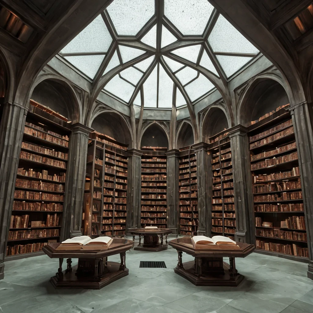 A hyperrealistic, wideangle cinematic shot of a vast, silent library of knowledge where the books are not paper but thick, translucent slabs of frozen, aerogellike foam in varying shades of pale sage and warm sand. The shelves are constructed from raw, unpolished basalt and curved, polished rose gold, rising into a cathedrallike ceiling of interlocking, hexagonal glass panels that filter the light from a distant, twinsun system into sharp, geometric beams. In the center of the room, a single, ancient, ornate reading desk made of dark, dense walnut wood holds an open book whose pages are thin, flexible sheets of brushed aluminum, etched with microscopic, glowing circuitry in soft, electric cyan.