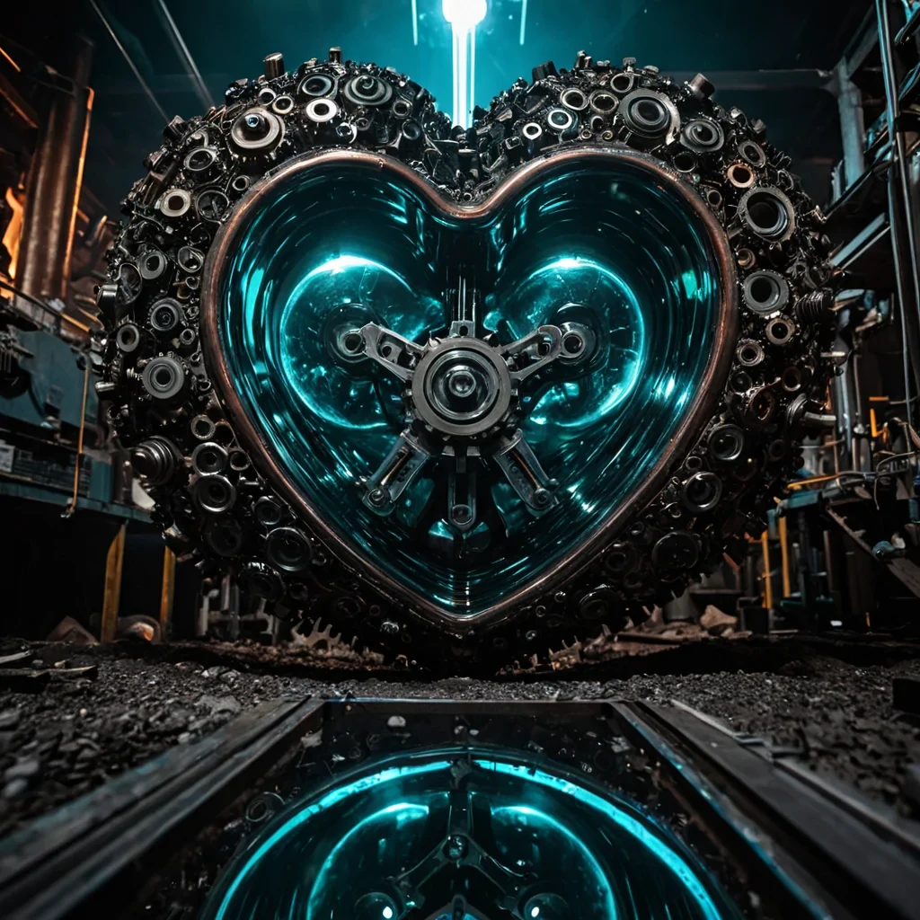 A horizontal, lowangle macro shot of a colossal, dormant mechanical heart resting on a bed of crushed, iridescent copper filings inside a dark, cavernous workshop. The heart is not organic but constructed from interlocking plates of brushed titanium and polished obsidian, with visible, intricate gear trains and hydraulic pistons exposed on its surface, all currently still. Surrounding the central organ are floating, spherical bubbles of liquid mercury that act as lenses, distorting the reflection of the scene into warped, metallic waves. The lighting is dramatic and highcontrast, sourced from a single, intense beam of cold, cyan light emanating from a narrow, vertical slit in the ceiling, cutting through the heavy air and illuminating the dust particles suspended in the