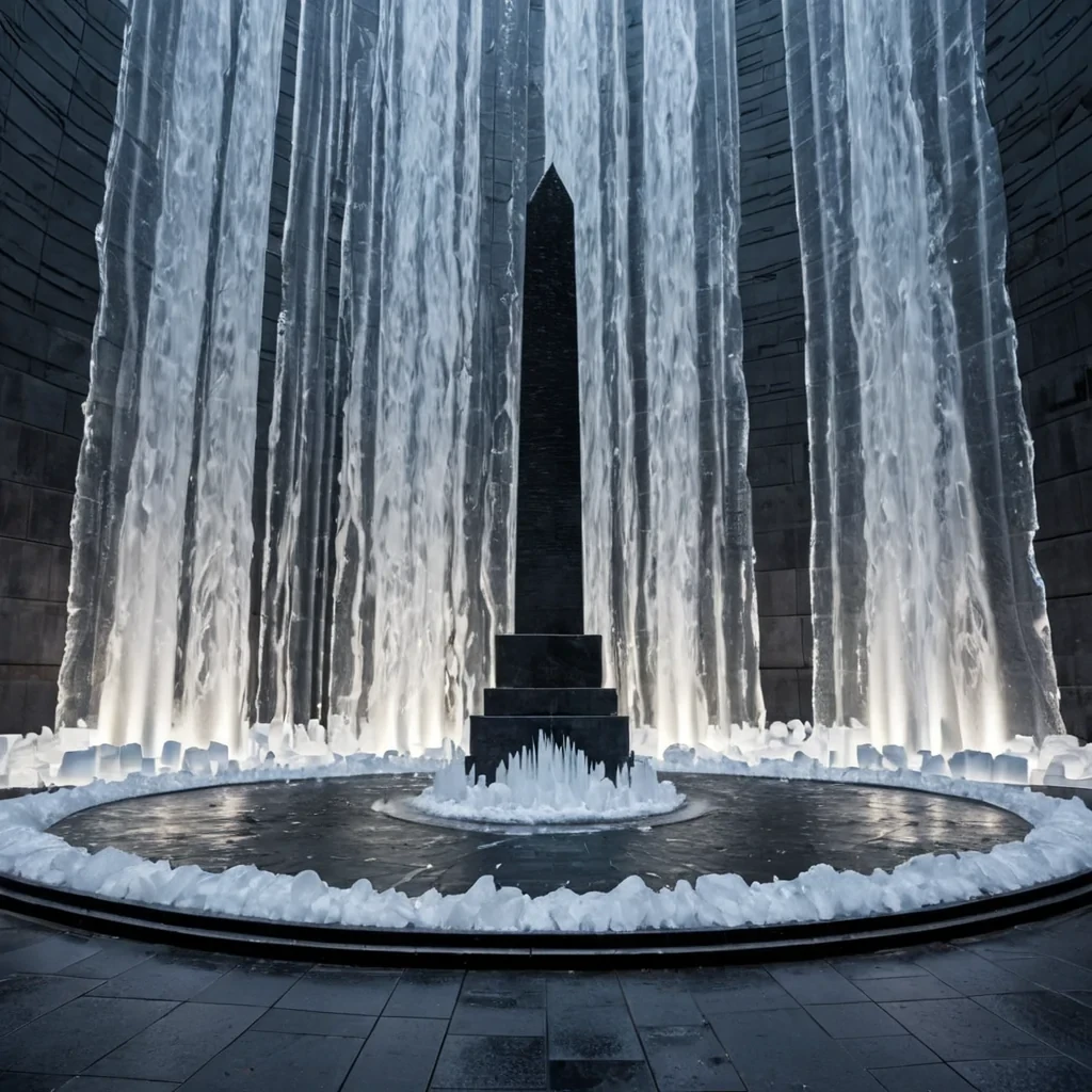 A lowangle, wideshot of a serene, circular plaza paved with large, polished slabs of pale, translucent alabaster that glow with a soft, internal pearlescence. The plaza is surrounded by a dense wall of cascading, vertical water curtains that are frozen in midair by intense cold, creating intricate, lacelike ice sculptures that drift down like falling snow. In the center stands a towering, slender obelisk constructed from stacked, concentric rings of matteblack obsidian, each ring rotating independently at different speeds. A solitary figure dressed in a voluminous, structured gown made of layered, translucent organza in shades of deep navy and silver stands at the base of the obelisk, looking up. The lighting is cool