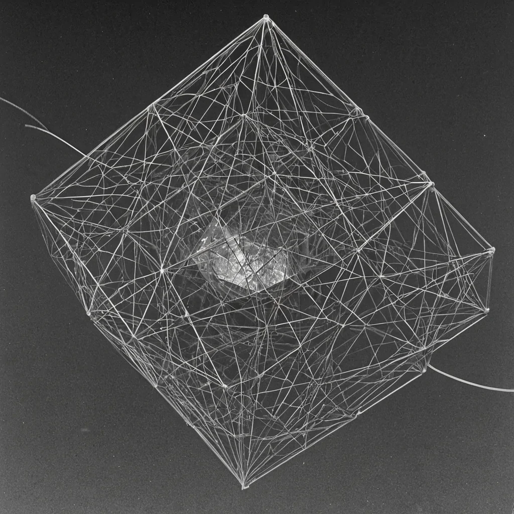 A single, selffragmenting prism of solidified static, shaped like a 12dimensional dodecahedron of inverted frequency and unformed signal, hovers at the center of a vast, inverted radio silenceits surface etched with the fossilized frequencies of a civilization that measured communication not by words, but by the duration of synchronized, silent pauses held just before the first transmission was ever broadcast into a void that never received a reply. The prism does not refractit untransmits, each facet shedding a layer of electromagnetic potential that never coalesced into a shared resonance, reforming into ephemeral, cobaltthreaded afterimages shaped like the negative space between two antennas that never aligned in the same moment of mutual