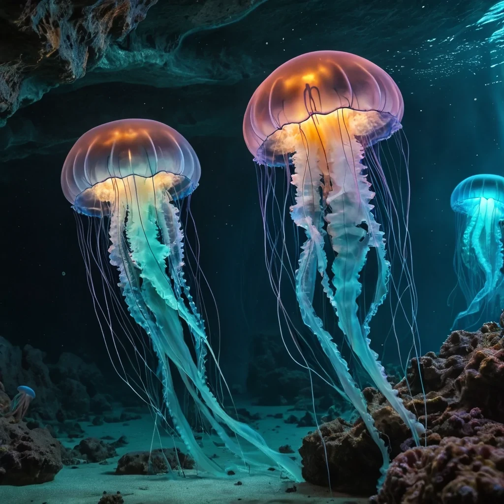 Photorealistic, Ultra HD, colossal, bioluminescent jellyfish, their translucent, detailed tentacles pulsating with vibrant, ethereal colors, float gracefully in a cinematic, weightless, underwater cavern. Volumetric lighting accentuates the caverns intricate, crystalline formations, casting dynamic, otherworldly shadows. Atmospheric effects create a mesmerizing, underwater dance of bioluminescent plankton, revealing the jellyfishs serene, alien expression as it drifts towards a distant, ultraHD, pulsating, neonlit underwater city.