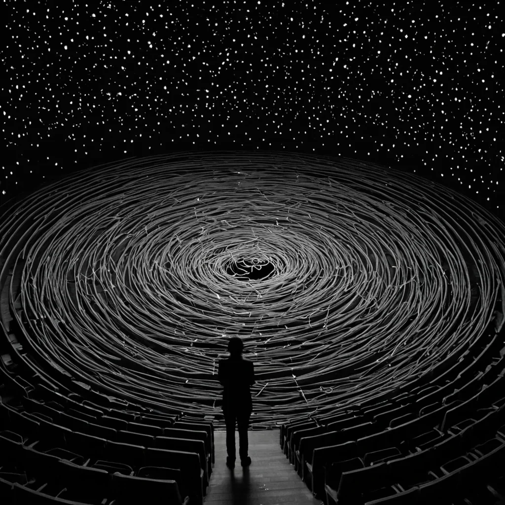 A single, selfrewriting constellation of reversed dreams, shaped like a 12,003dimensional tangle of unformed sleep and inverted subconscious, pulses in the center of a vast, inverted theater of solidified wakefulness  each seat carved from the exact moment between a thought forming and its refusal to be named, a shadow stretching and dissolving into noncorporeal stillness, a heartbeat syncing with a distant drum and collapsing into pure, unmeasured silence. The tangle does not dream  it undreams, each shimmering filament shedding a layer of imaginative potential that never coalesced into coherent narrative, reforming into ephemeral, amethystveined afterimages shaped like the negative space between two eyes that