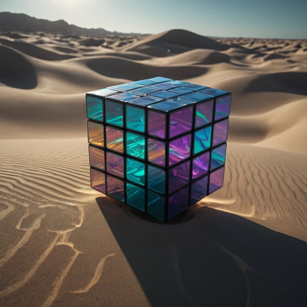 A hyperrealistic, 4K portrait of a sentient, levitating, neonlit holographic Rubiks cube, its ethereal form pulsating with intricate, bioluminescent fractal patterns, set against a surreal, monochromatic landscape of undulating, shadowy dunes, with volumetric lighting casting dramatic shadows and emphasizing the cubes dynamic, fluid movements, and a subtle, cool bokeh effect creating a sense of isolation and mystery.