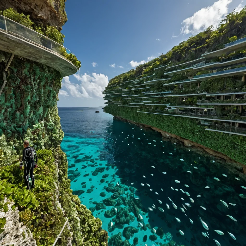 A horizontal, eyelevel wide shot of a sprawling, vertical garden city built into the sheer, mosscovered cliffs of a towering coral reef that rises from a shallow, crystalclear lagoon under a bright, cloudless sky. The architecture consists of organic, curvilinear structures made from polished white shell fragments and transparent hydroglass, connected by slender, cablesuspended walkways that sway gently in the breeze. Sunlight filters through the clear water below, creating dancing caustic patterns on the cliff face and illuminating the vibrant turquoise and emerald hues of the surrounding marine life. In the foreground, a figure wearing a lightweight, aerodynamic diving suit with integrated gillslits on the neck stands on a narrow stone balcony, holding a