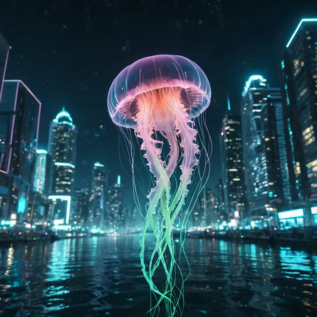 A levitating, luminescent jellyfish drifts through a neonlit underwater metropolis, its tendrils emitting pulses of bioluminescent light that illuminate the futuristic cityscape, hyperrealistic, 4K, cinematic lighting, volumetric lighting, atmospheric effects, dynamic lighting, bokeh effect, soft focus, lens flare, electric blues, neon greens, and glowing pinks, detailed textures.