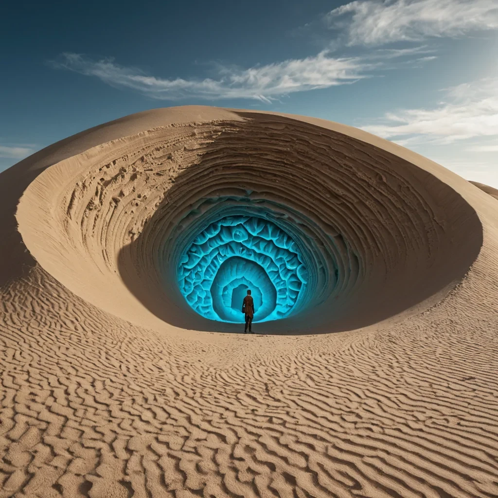 A horizontal, eyelevel medium shot of a vast, arid desert landscape where the ground is composed of fine, powdered turquoise clay that forms intricate, windsculpted ridges and dunes. In the center, a colossal, solitary structure resembling a giant, hollowedout geode made of translucent, milky quartz rises from the sand, its interior filled with a dense, glowing cloud of suspended golden dust particles that swirl in slow, hypnotic patterns. The light source is a pale, oversized moon low on the horizon, casting long, sharp shadows and creating a stark contrast between the cool blue tones of the sand and the warm, metallic glow within the quartz structure. In the foreground, a figure wearing a sleek, formfitting