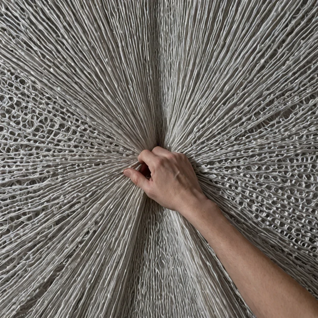 A single, selfsynthesizing loom of reversed texture, shaped like a 12,897dimensional weave of unformed tactility and inverted surface, floats at the center of a vast, inverted textile chamber of solidified touch  each thread spun from the exact moment between a finger brushing fabric and its refusal to register, a seam being stitched and dissolving into nonstructural continuity, a pattern emerging in cloth and collapsing into pure, unmeasured nonweave. The loom does not create material  it uncreates it, each interlacing strand shedding a layer of haptic potential that never coalesced into physical sensation, reforming into ephemeral, motherofpearl veined afterimages shaped like the