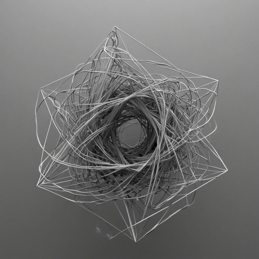 A single, selfilluminating knot of reversed geometry, shaped like a 3,000dimensional tangle of unformed space and inverted perspective, floats at the center of a vast, inverted void of solidified perspective. Each strand is woven from the exact moment between a line being drawn and its refusal to extend, an angle forming and dissolving into nonorientation, a horizon appearing and collapsing into pure, unmeasured nondirection. The knot does not define formit undefines it, each fraying twist shedding a layer of spatial potential that never coalesced into structure, symmetry, or depth, reforming into ephemeral, prismatic fog that contracts inward, folding reality into a singularity of impossible angles, where