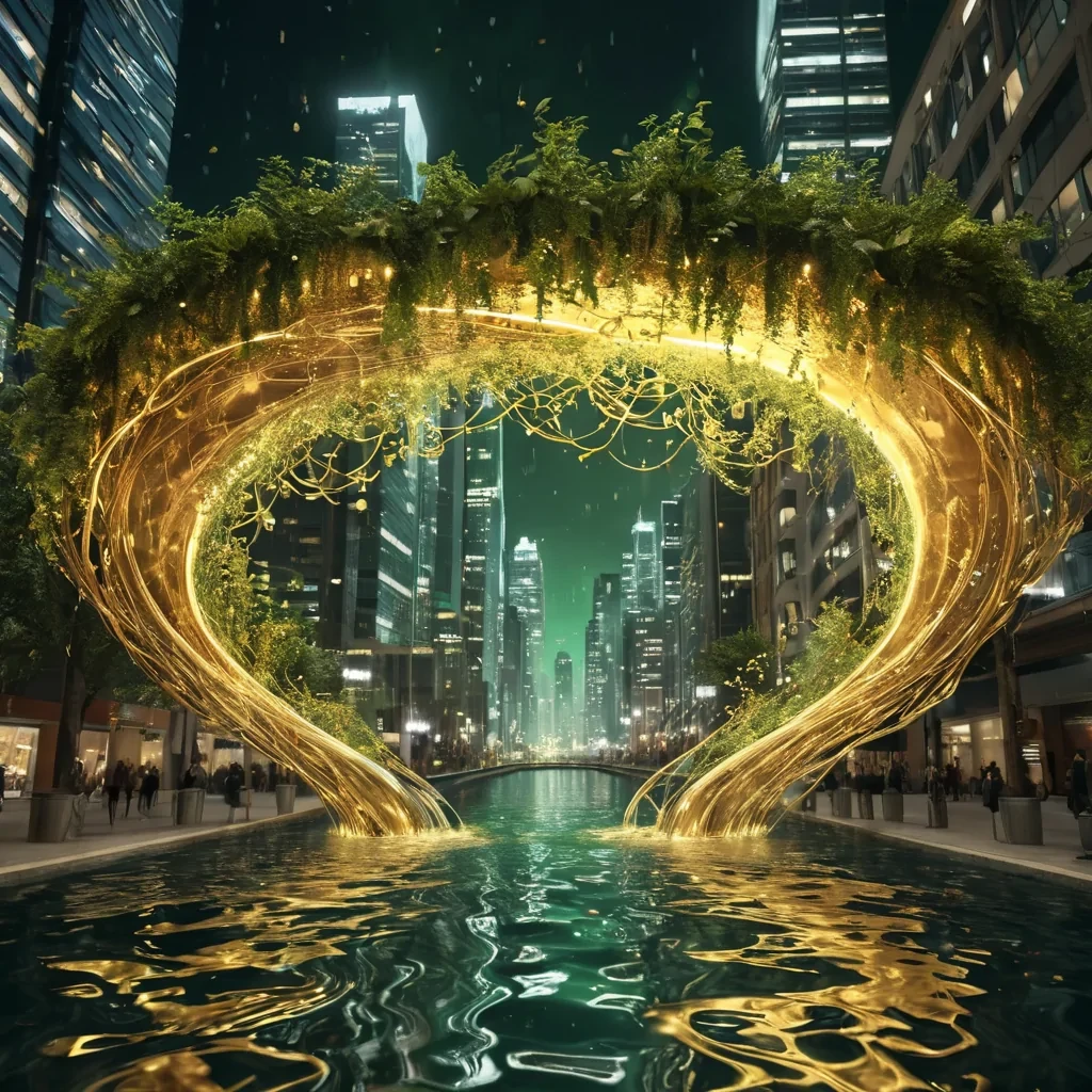 A sentient, levitating cityscape suspended over a whirlpool of liquid gold, its architecture composed of intertwined, glowing vines that pulse with an inner light, hyperrealistic, 4K, cinematic lighting, volumetric lighting, atmospheric effects, dynamic lighting, bokeh effect, soft focus, lens flare, radiant golds, luminous greens, and shimmering silvers, detailed textures.