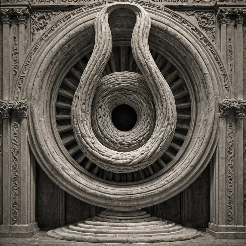 A single, selfreplicating knot of reversed silence, shaped like a 7,893dimensional Mbius torus of unformed quiet and inverted stillness, pulses at the center of a vast, inverted cathedral of solidified soundeach pillar carved from the exact moment between a word being spoken and its refusal to be heard, a whisper forming and dissolving into nonacoustic dust, a breath exhaled and collapsing into pure, unresonant emptiness. The knot does not contain silenceit uncontains it, each twisting loop shedding a layer of auditory potential that never coalesced into a shared resonance, reforming into ephemeral, amethystveined afterimages shaped like the negative space between