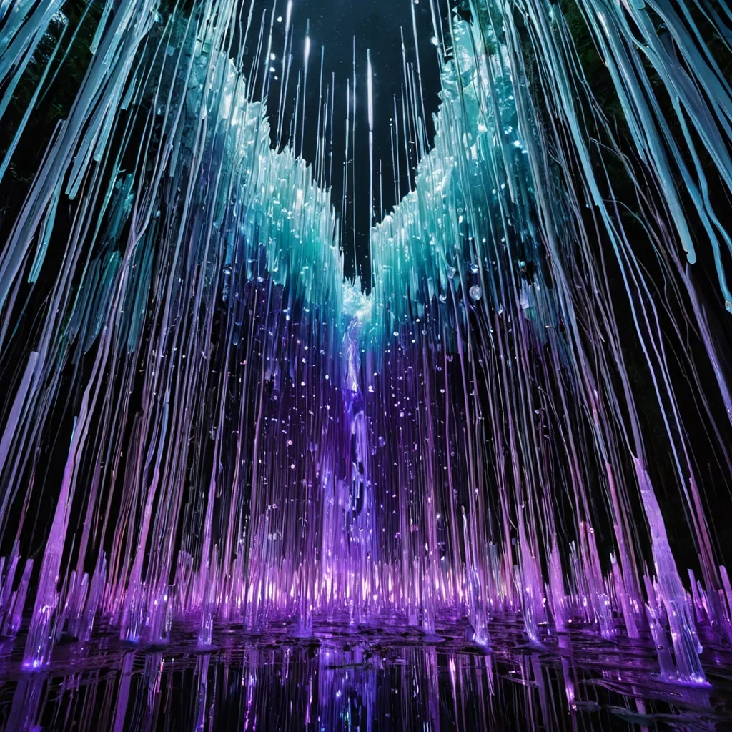 A vertical, ultrawide shot of a colossal, vertical garden city constructed entirely from cascading, liquid chrome waterfalls that freeze midplunge into intricate, geometric stalactites. The structures are not solid but held in suspension by an invisible magnetic field, creating a skyline of suspended, reflective droplets that mirror a sky filled with three distinct, overlapping moons in varying phases of violet, teal, and gold. At the base, a dense forest of translucent, fiberoptic reeds sways gently, their tips glowing with bioluminescent pulses that travel upward through the chrome water streams, creating trails of neon light that ripple against the metallic surfaces. The perspective is from a low angle, looking up through the dense canopy of frozen water and glowing