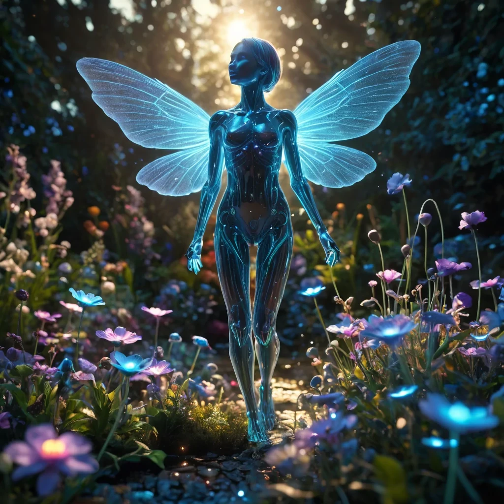 A sentient, levitating garden filled with blooming, bioluminescent flowers that emit soft melodies, tended to by tiny, glowing humanoid figures with iridescent wings, hyperrealistic, ultra HD, cinematic lighting, volumetric lighting, atmospheric effects, dynamic lighting, bokeh effect, soft focus, lens flare, vibrant colors, detailed textures.