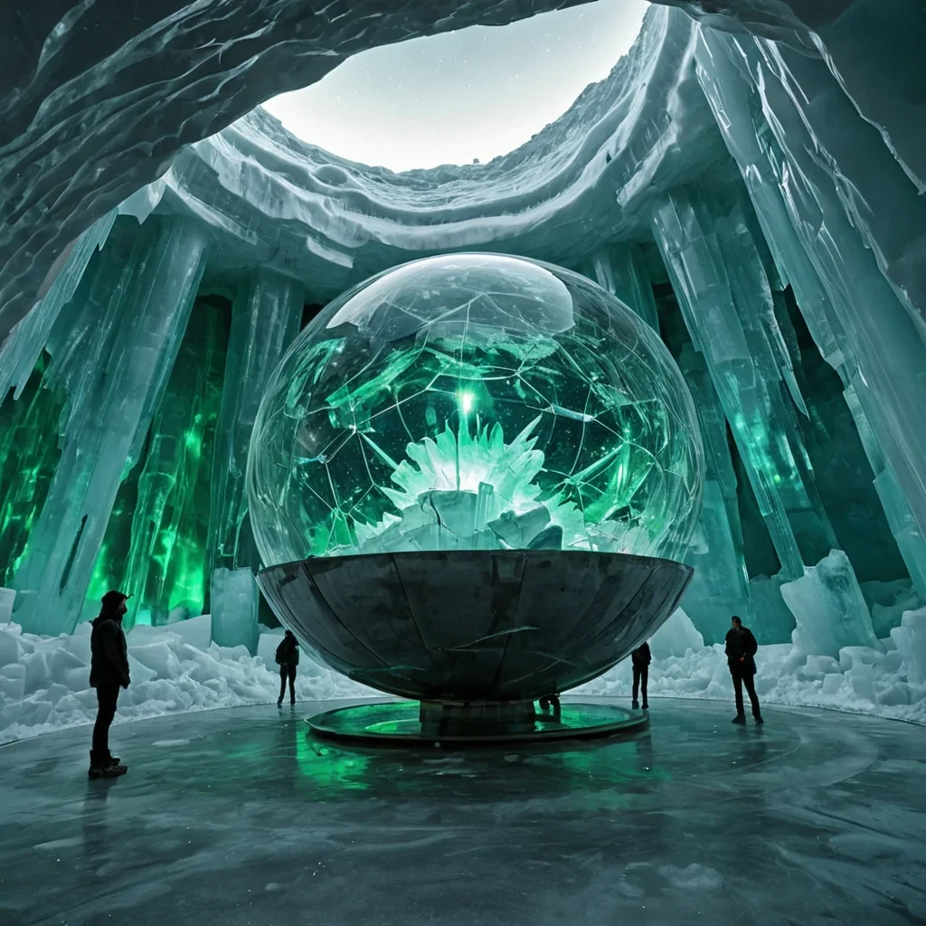A hyperrealistic, wideangle shot of a futuristic, subterranean observatory carved into the side of a colossal, translucent iceberg, where the curved walls of ice act as natural lenses focusing beams of aurora borealis into the room. The interior is furnished with floating, minimalist platforms made of brushed titanium and smooth white quartz, each supporting a single, large sphere of liquid mercury that perfectly mirrors the swirling green and violet lights from above. Suspended in the center of the vast, open space is a complex, geometric armillary sphere constructed from thin, glowing filaments of fiberoptic glass that rotate slowly, casting intricate, weblike shadows on the icy floor. The air is crisp and clear, filled with floating, hexagonal snowfl