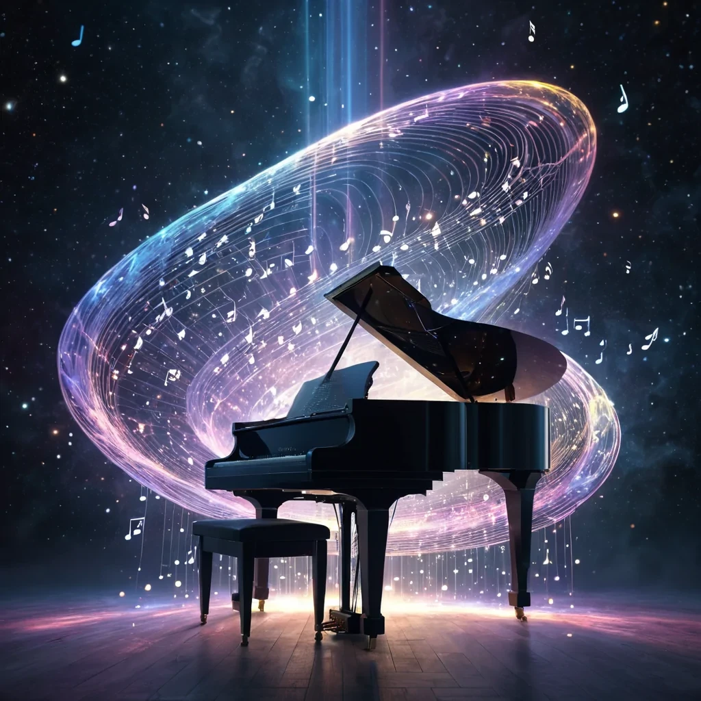 An opalescent, levitating grand piano, its keys playing a symphony of stardust, suspended in a void of swirling, nebulalike melodies. A lone, ethereal, humanoid figure, composed entirely of interwoven, pulsating musical notes, conducts the celestial performance. Ultra HD, cinematic volumetric lighting, atmospheric lens flare, vibrant cosmic colors.