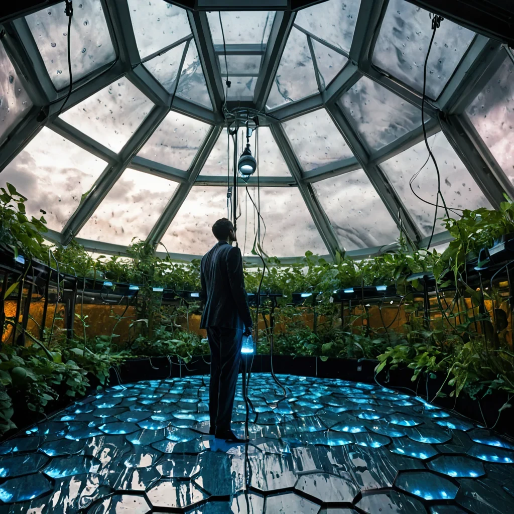 A horizontal, eyelevel wide shot of a colossal, suspended aquaponics facility built from interlocking hexagonal modules of frosted polycarbonate and raw copper, drifting silently through the upper atmosphere of a gas giant with swirling bands of ochre and violet. The interior is bathed in the diffused, warm glow of thousands of hanging sodiumvapor lamps that cast long, dramatic shadows across the wet, reflective floor made of polished basalt. In the foreground, a technician wearing a sleek, formfitting suit of matte grey neoprene with glowing blue bioluminescent seams carefully tends to a massive, vertical garden of translucent, gelbased plants that pulse with rhythmic internal light. Outside the curved panoramic windows, the turbulent clouds of