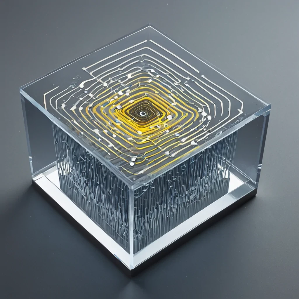 A tight, isometric view of a microscopic laboratory bench surface made of brushed titanium, upon which rests a single, perfect cube of solidified sound. The cube is translucent, resembling highgrade optical glass, but internally it is filled with a frozen, chaotic vortex of tiny, vibrating tuning forks arranged in a spiral pattern, each prong glowing with a distinct frequency of colordeep indigo, bright yellow, and stark white. The tuning forks are not moving, but the light within them pulses with a subtle, visible vibration that ripples outward through the glass. Surrounding the cube are scattered, flat, twodimensional etchings of musical notes, but the notes are made of liquid silver that flows slowly along the surface of the bench, def